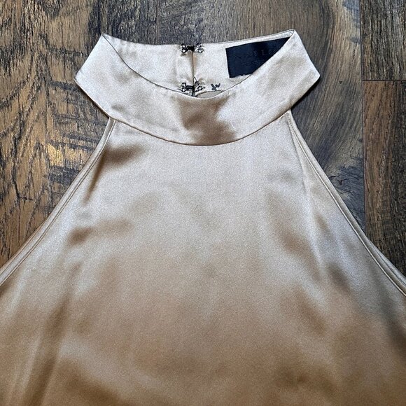 Nili Lotan 100% Silk Vara Top Gold Mock Neck halter Blouse Quiet Luxury Preppy - Picture 3 of 11
